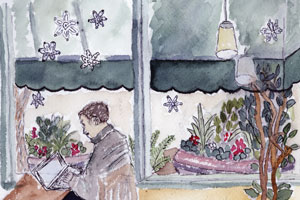 Drawing of man in a coffee shop using his computer