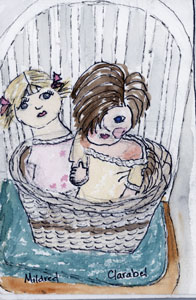 Mildred and Clarabel, two dolls in a basket