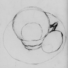 Drawing with an egg in its shell sitting on a saucer alongside the cup.