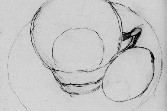 Drawing with an egg in its shell sitting on a saucer alongside the cup.